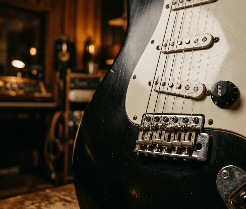 Artistic close-up photo of the body of a black James Tyler electric guitar.